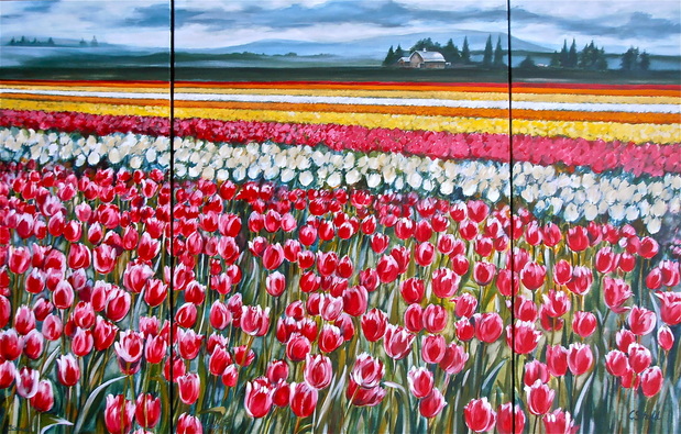 Fields of Skagit Valley: Washington State by Charlotte Schuld  Triptich - Total Size 62 X 40” Acrylic on Canvas $2400